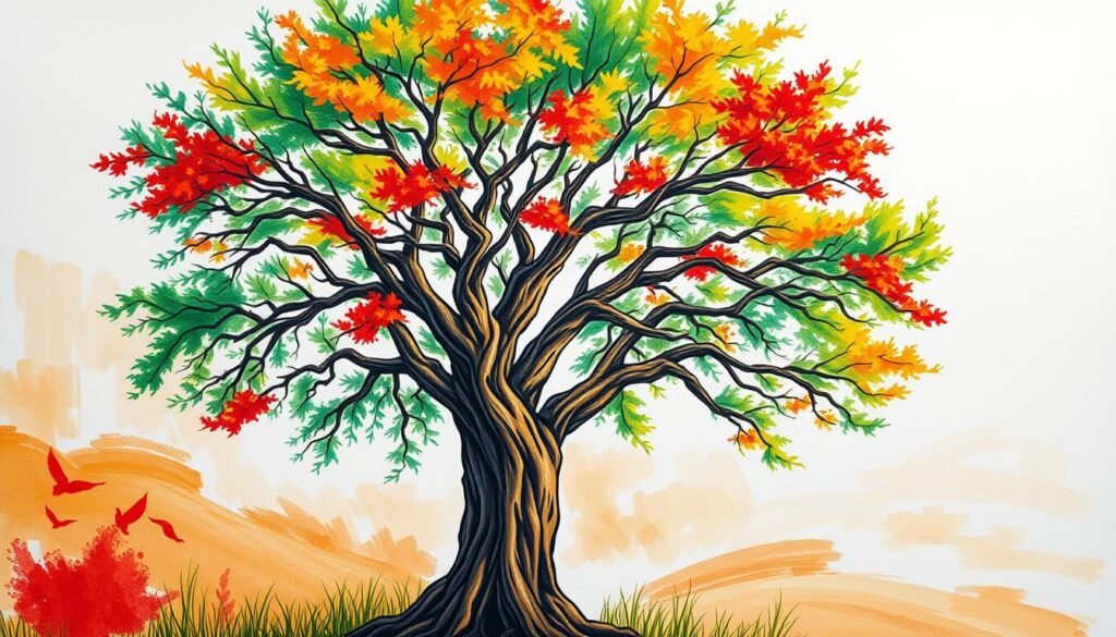 A detailed, vibrant tree drawing with a lively, artistic style. The foreground features a central tree with expressive, colorful branches and leaves, rendered in a variety of vivid hues like emerald green, amber, and crimson. The middle ground showcases a natural, textured background with soft, flowing brushstrokes in complementary shades. Warm, directional lighting casts dynamic shadows and highlights the depth and dimension of the scene. The overall composition conveys a sense of movement, creativity, and the beauty of nature. Captured with a wide, high-resolution lens to showcase the intricate details of the coloring and linework.