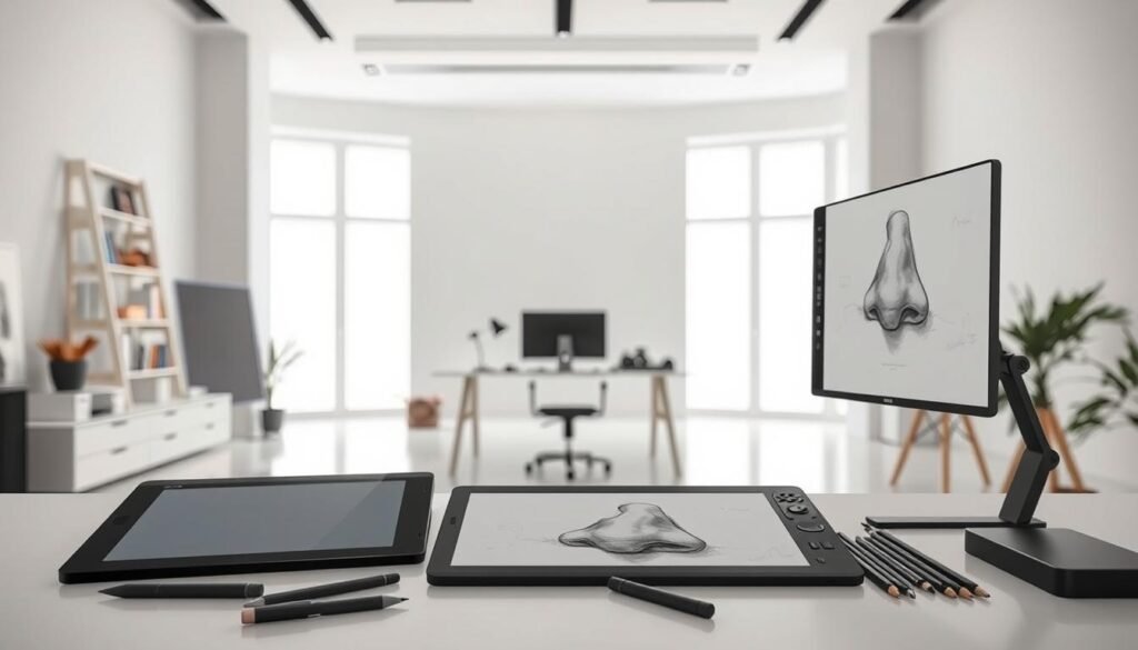 A digital art studio with a minimalist, modern aesthetic. In the foreground, various digital drawing tools and devices are arranged neatly - a stylus, a graphics tablet, and a high-resolution display showing a work-in-progress sketch of a nose. The middle ground features a clean, airy workspace with a sleek, ergonomic desk and chair. The background has floor-to-ceiling windows, allowing natural light to flood the space and create a bright, welcoming atmosphere. The overall mood is one of focus, creativity, and the seamless integration of traditional and digital artistic techniques.
