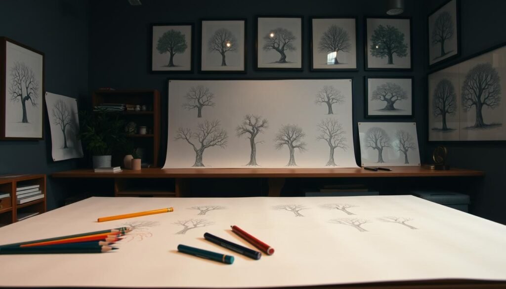 A dimly lit studio with a large drawing table in the foreground, pencils, erasers, and a sketchpad scattered across the surface. In the middle ground, a series of tree drawings, each with common flaws - unnatural branch formations, disproportionate trunks, and awkward leaf placements. The background features a wall adorned with framed examples of well-executed tree drawings, serving as a reference and inspiration. The overall mood is one of thoughtful introspection, guiding the viewer towards a better understanding of the nuances in tree illustration.