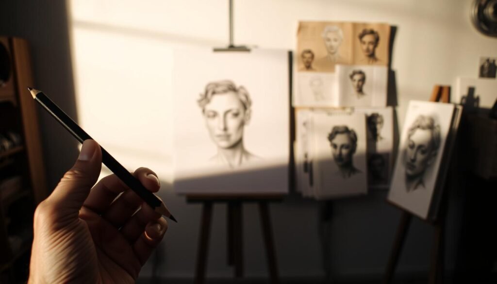 A dimly lit studio with a serene atmosphere, showcasing various shading techniques for drawing the human form. In the foreground, a detailed hand holding a graphite pencil, the light gently caressing the delicate curves and shadows. In the middle ground, a partially rendered portrait emerges, the subtle interplay of light and shadow defining the contours of the face. In the background, an array of reference materials, including sketches, smudged charcoal studies, and a toned paper pad, creating a sense of artistic process and exploration. Soft, directional lighting casts dramatic shadows, emphasizing the sculptural nature of the subject and the importance of shading in bringing the drawing to life.