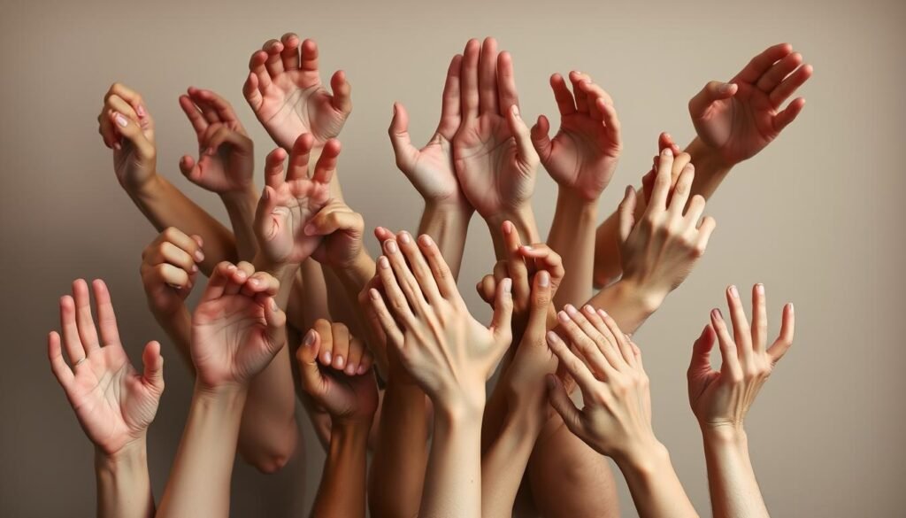 A diverse array of hand poses captured in a dynamic composition. Fingers curled, palms extended, knuckles flexed - the hands showcase a range of expressive gestures against a neutral backdrop. Soft, even lighting illuminates the intricate details of skin texture, nails, and joints, creating a sense of depth and dimensionality. The hands are positioned at various angles, some overlapping, to emphasize the diversity of form. An overall mood of study and exploration, inviting the viewer to closely examine the nuances of this essential artistic subject.