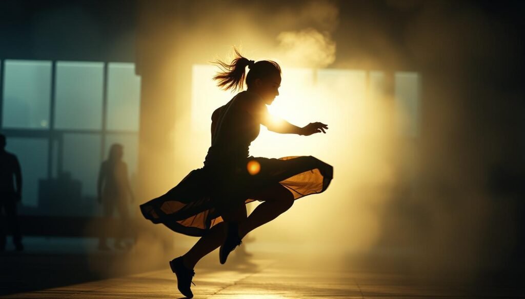 A dynamic figure in motion, their body in fluid movement, captured in a dramatic pose. The subject is backlit, creating silhouettes and strong shadows that accentuate the sense of action and energy. The figure is set against a blurred, atmospheric background, with hints of urban or industrial elements to suggest the setting. The lighting is dramatic, with high contrast and directional illumination that casts the figure in a bold, cinematic light. The overall mood is one of energy, tension, and a sense of the figure in the midst of a dynamic, unfolding moment.