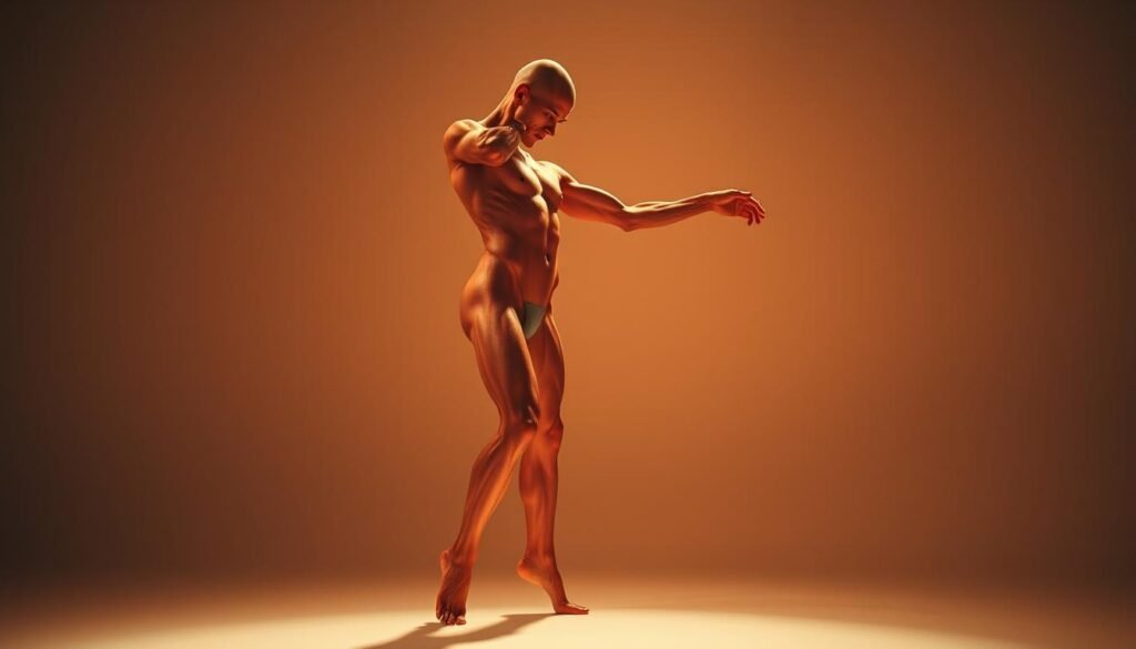 A dynamic figure stands in a well-lit studio, captured from a low angle to emphasize the graceful contours of the body. Warm lighting accentuates the musculature, casting subtle shadows that reveal the underlying structure. The pose conveys a sense of movement and energy, with limbs extending in fluid, expressive gestures. The background is softly blurred, keeping the focus on the central figure and its captivating body dynamics. This image aims to provide a visually engaging exploration of the human form, inspiring a deeper understanding of its intricate mechanisms and the potential for artistic expression.