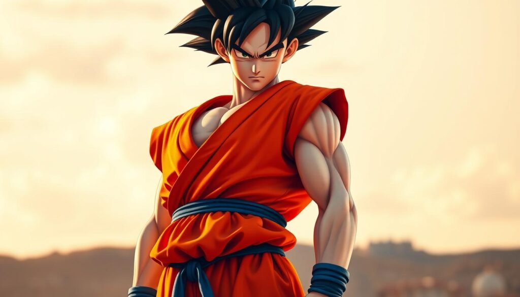A dynamic full-body portrait of Goku, the legendary Saiyan warrior, focused on demonstrating coloring techniques for his iconic look. In the foreground, Goku stands confidently, his muscular frame clad in his signature orange gi, the fabric's folds and creases meticulously rendered. His spiky black hair and piercing gaze command attention, while his hands are poised as if ready to unleash his powerful ki. The middle ground showcases a vibrant color palette, with Goku's skin tones transitioning seamlessly from warm highlights to deep shadows, and his costume's bold colors popping against a softly blurred background. Warm, natural lighting bathes the scene, creating a sense of depth and dimension. The overall mood is one of dynamic energy and artistic instruction, inviting the viewer to learn from Goku's iconic appearance.