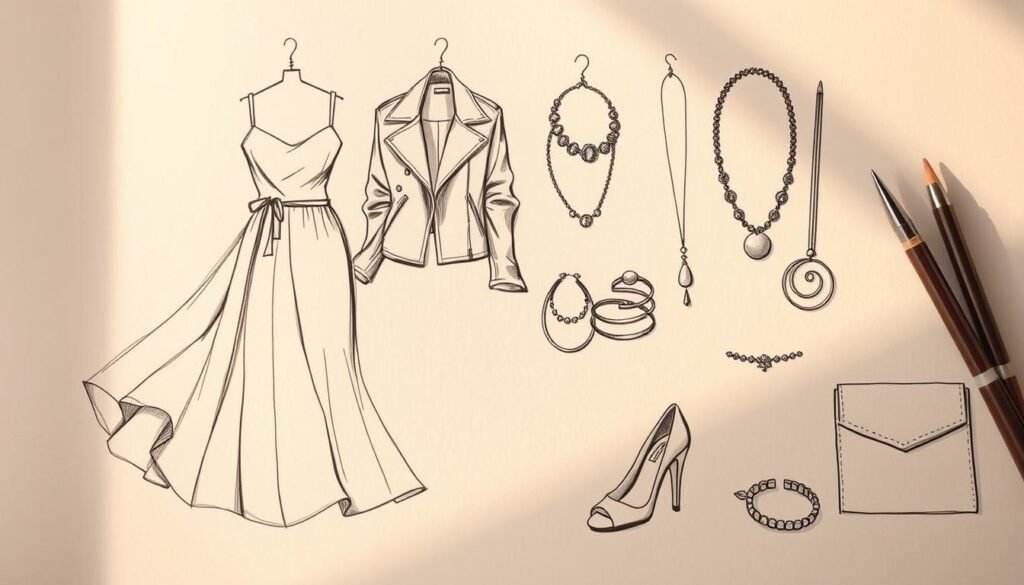 A fashion-forward illustration of stylish clothing and accessories elegantly arranged against a softly blurred background. Detailed sketches of a flowing dress, a leather jacket, high heels, and various jewelry pieces fill the foreground, creating a visually captivating composition. Warm, natural lighting casts subtle shadows, adding depth and dimension to the drawing. The overall mood is one of refined sophistication, perfectly complementing the "Adding Details to the Body" section of the "My Guide to Drawing a Girl: Simple Techniques" article.