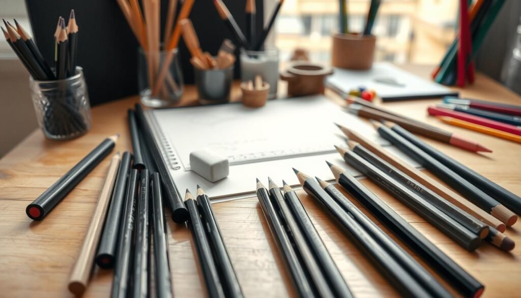 A high-quality still life scene of an assortment of artist's drawing tools, arranged on a wooden table in soft, natural lighting. The foreground features a selection of graphite pencils, charcoal sticks, and a mechanical pencil, all neatly displayed. In the middle ground, a sketchpad, ruler, and kneaded eraser sit alongside a small cup of blending stumps. The background subtly showcases a few paint brushes, a palette knife, and a set of colored pencils, creating a visually balanced and harmonious composition. The overall mood is one of artistic inspiration and creative potential, suitable for illustrating a guide on drawing stunning lips.
