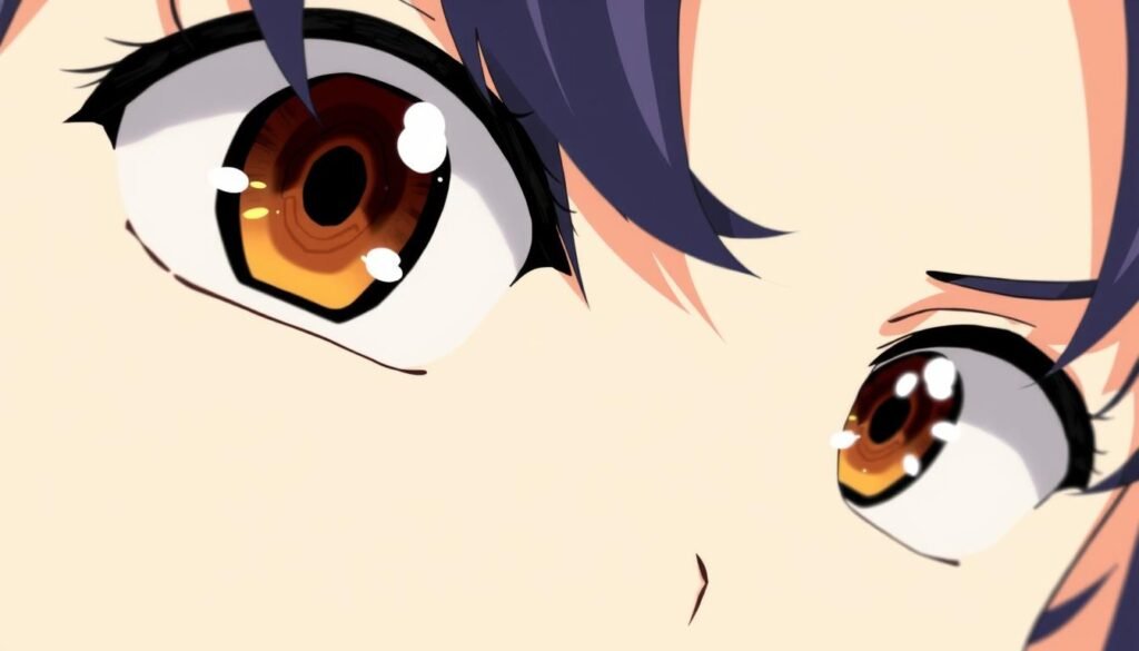 A high-resolution, detailed illustration of anime-style eyes in the foreground, showcasing expressive features that convey a range of emotions. The eyes should be drawn with precision, highlighting the intricate shapes, bold lines, and vibrant colors that are characteristic of the anime art style. The background should be clean and minimalist, allowing the eyes to be the focal point and emphasizing their ability to captivate the viewer. The lighting should be soft and diffused, creating a sense of depth and dimension. The overall composition should be balanced and aesthetically pleasing, guiding the viewer's attention to the expressive, emotive eyes at the center of the image.