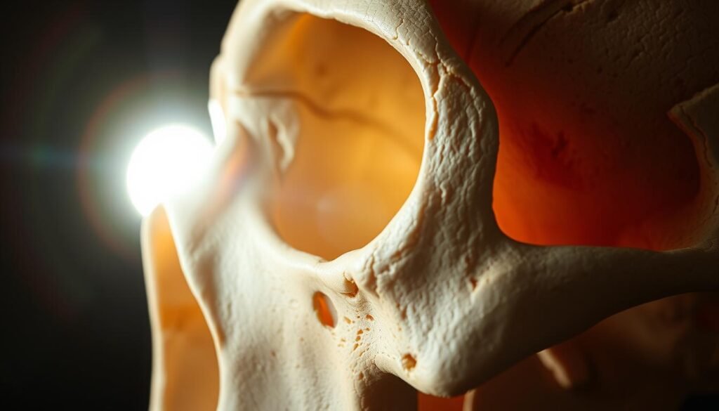 A highly detailed, anatomically accurate close-up of the skull's eye sockets, illuminated by a soft, directional light source from the top left. The sockets are rendered with intricate textures, sharp edges, and deep recesses, showcasing the bony structure and foramen. The overall mood is one of scientific study and artistic exploration, inviting the viewer to appreciate the structural complexity of the human skull.