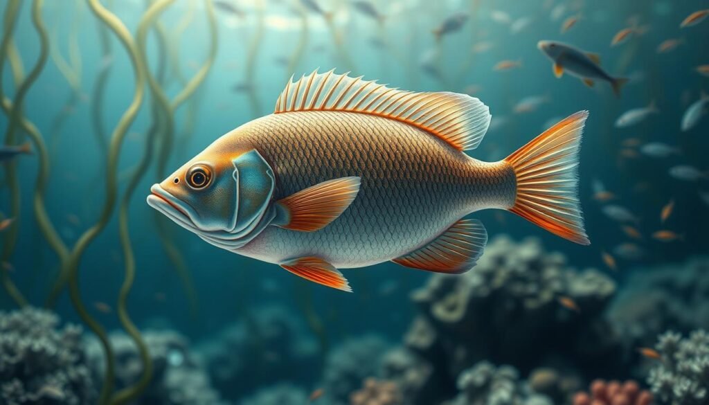 A highly detailed and lifelike digital painting of a realistic fish, rendered in a natural and realistic style. The fish is positioned in the center of the frame, filling the majority of the composition. The fish is shown in profile, swimming gracefully against a softly blurred underwater backdrop of seaweed, coral, and schools of smaller fish. The lighting is natural and diffuse, creating a sense of depth and three-dimensionality. The scales, fins, and other anatomical features of the fish are depicted with meticulous precision, capturing the intricate textures and patterns. The overall mood is serene and tranquil, immersing the viewer in the peaceful underwater environment. A highly detailed and lifelike digital painting of a realistic fish, rendered in a natural and realistic style. The fish is positioned in the center of the frame, filling the majority of the composition. The fish is shown in profile, swimming gracefully against a softly blurred underwater backdrop of seaweed, coral, and schools of smaller fish. The lighting is natural and diffuse, creating a sense of depth and three-dimensionality. The scales, fins, and other anatomical features of the fish are depicted with meticulous precision, capturing the intricate textures and patterns. The overall mood is serene and tranquil, immersing the viewer in the peaceful underwater environment.