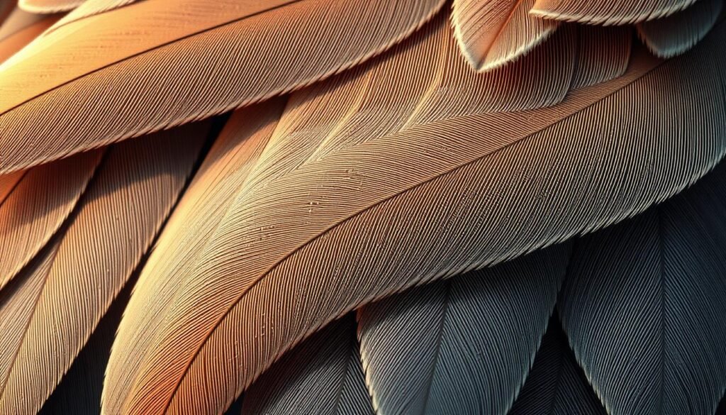 A highly detailed, close-up digital illustration of bird feathers, showcasing their intricate textures and patterns. The feathers are depicted in a soft, natural lighting, with a shallow depth of field to emphasize the delicate structure. The feathers are arranged in a visually appealing composition, with a mix of overlapping and individual feathers filling the frame. The image has a realistic, yet slightly stylized aesthetic, capturing the beauty and complexity of avian plumage. The overall mood is one of quiet contemplation and appreciation for the natural world. A highly detailed, close-up digital illustration of bird feathers, showcasing their intricate textures and patterns. The feathers are depicted in a soft, natural lighting, with a shallow depth of field to emphasize the delicate structure. The feathers are arranged in a visually appealing composition, with a mix of overlapping and individual feathers filling the frame. The image has a realistic, yet slightly stylized aesthetic, capturing the beauty and complexity of avian plumage. The overall mood is one of quiet contemplation and appreciation for the natural world.