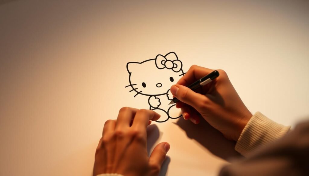 A highly detailed, hyper-realistic illustration of a skilled artist's hands meticulously drawing Hello Kitty, with a focus on the technical precision and nuance of the linework, shading, and composition. The scene is set against a softly lit, minimalist background, creating a sense of focus and serenity. The hands and the evolving Kitty illustration are captured from a close, dynamic angle, allowing the viewer to appreciate the advanced techniques and the creative process. The overall mood is one of dedication, passion, and a deep understanding of the iconic character design.