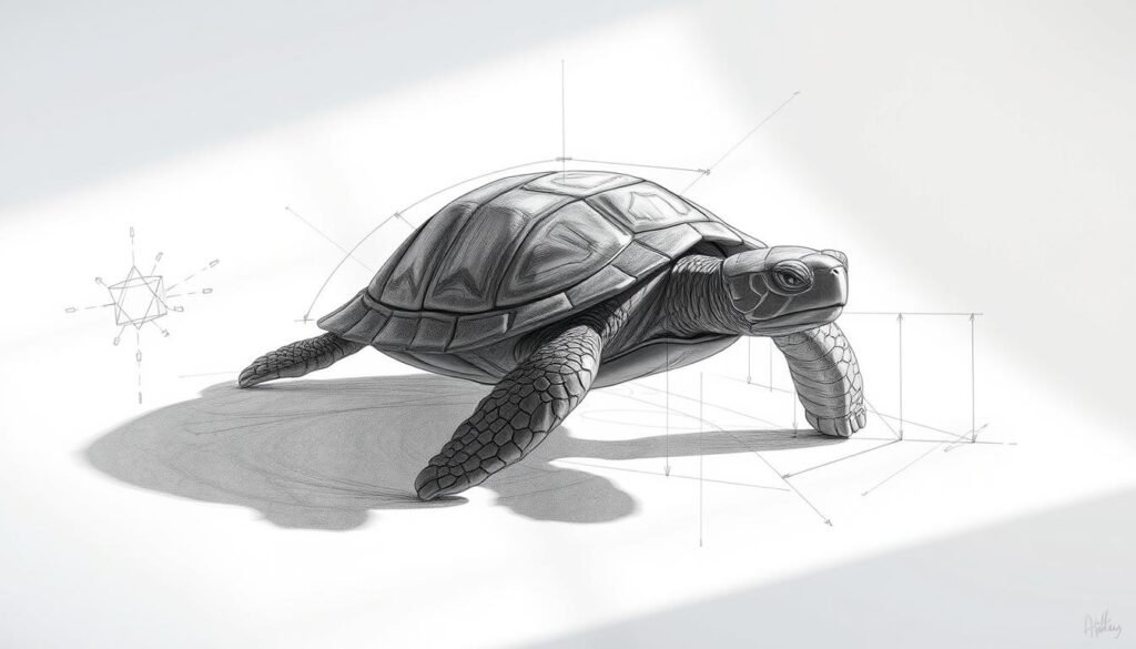 A highly detailed, photorealistic digital illustration of a turtle in the final stages of being drawn. The turtle is positioned in the center of the frame, surrounded by sketched lines, construction shapes, and guidelines that indicate the process of constructing the drawing. The lighting is soft and directional, casting subtle shadows that accentuate the textures and forms of the turtle's shell, limbs, and facial features. The background is clean and minimalist, allowing the turtle and its drawing process to be the sole focus. The overall mood is one of concentration, precision, and the satisfaction of a work in progress nearing completion.