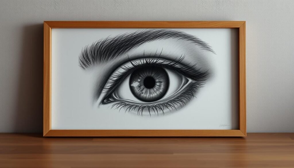 A highly detailed, photorealistic eye drawing displayed against a subtly blurred, minimalist background. The eye is rendered with meticulous precision, capturing every intricate nuance of the iris, pupil, and delicate eyelashes. Dramatic chiaroscuro lighting casts deep shadows across the ocular structure, heightening the sense of dimensionality and realism. The drawing is executed with technical mastery, showcasing the artist's command of line, texture, and value. The overall composition conveys a captivating, almost hypnotic quality, drawing the viewer's gaze inward to examine the eye's mesmerizing details.