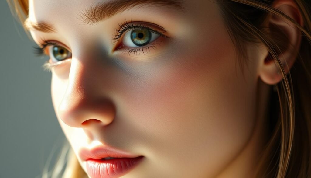 A highly detailed, photorealistic portrait of a young woman's face, capturing the precise proportions and intricate features of the head and facial structure. Soft, diffused lighting illuminates the subject from the side, creating gentle shadows that accentuate the contours of the cheekbones, jawline, and nose. The eyes are wide and expressive, with delicate eyelashes and eyebrows. The lips are subtly parted, conveying a sense of natural, relaxed expression. The skin has a flawless, lifelike quality, with subtle variations in tone and texture. The composition is tightly framed, filling the frame and focusing the viewer's attention on the essential elements of the face and head.