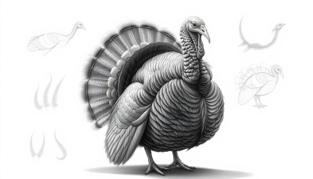 A highly detailed, photorealistic rendering of a turkey in various advanced drawing techniques. The turkey is the focal point, depicted in the foreground with intricate feather textures, subtle shading, and nuanced highlights. The middle ground showcases different drawing methods such as cross-hatching, stippling, and dry brushing, all executed with precision. The background features a minimalist, softly-lit studio setting, allowing the turkey and techniques to take center stage. Dramatic studio lighting from multiple angles creates dramatic shadows and accentuates the turkey's form. The overall mood is one of technical mastery and artistic celebration of the turkey as a subject.