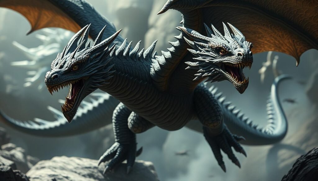 A highly detailed, realistic dragon drawing with intricate scales, razor-sharp talons, and piercing eyes. The dragon is rendered in a dramatic, mid-flight pose, wings outstretched, capturing a sense of power and movement. The lighting is dramatic, with deep shadows and highlights accentuating the contours of the creature. The background is blurred, but hints at a rugged, rocky environment, emphasizing the dragon's majestic presence. The overall atmosphere is one of awe and wonder, showcasing the artistic mastery required to depict this mythical beast in a lifelike manner.