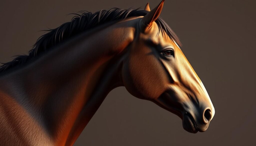 A hyper-realistic digital illustration depicting a detailed horse in a three-quarter view, focused on the head and neck. The horse is shown in a warm, soft lighting, with gentle shadows and highlights accentuating the contours of the muzzle, eyes, and mane. The background is a simple, muted gradient, allowing the subject to be the central focus. The rendering showcases delicate shading techniques, capturing the subtle textures and curves of the horse's anatomy, particularly the areas around the eyes, nostrils, and neck muscles. The overall mood is serene and contemplative, inviting the viewer to study the nuances of the horse's form.