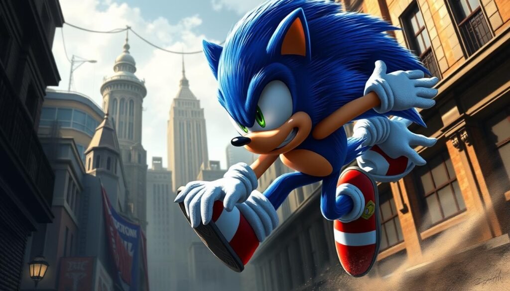 A hyper-realistic, highly detailed digital illustration of Sonic the Hedgehog in a dynamic, action-packed pose, showcasing advanced drawing techniques. Sonic is depicted in the foreground, captured mid-leap, with his signature spikes, vibrant blue fur, and determined expression. The middle ground features detailed, shadowy backgrounds with architectural elements, conveying an urban setting. Dramatic lighting from multiple angles casts dramatic shadows, highlighting Sonic's fluid motion and athleticism. The overall mood is energetic, cinematic, and visually striking, inspiring viewers to hone their skills in drawing this iconic character.