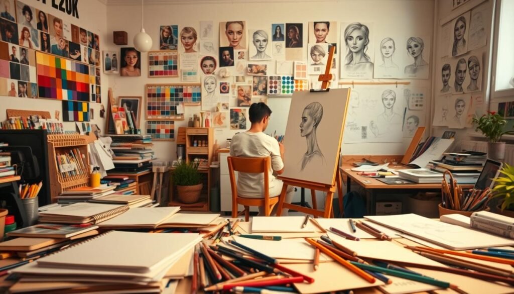 A lively art studio filled with various creative challenges and tools. In the foreground, a collection of sketchbooks, paints, and pencils sprawled across a cluttered desk. In the middle ground, an artist sitting at an easel, intently focused on a work-in-progress. The walls are adorned with inspirational mood boards, color palettes, and sketches of different facial features. Soft, warm lighting casts a cozy, inviting atmosphere, encouraging exploration and artistic expression. The scene conveys a sense of creative energy and the joy of practicing new techniques to improve one's drawing skills.