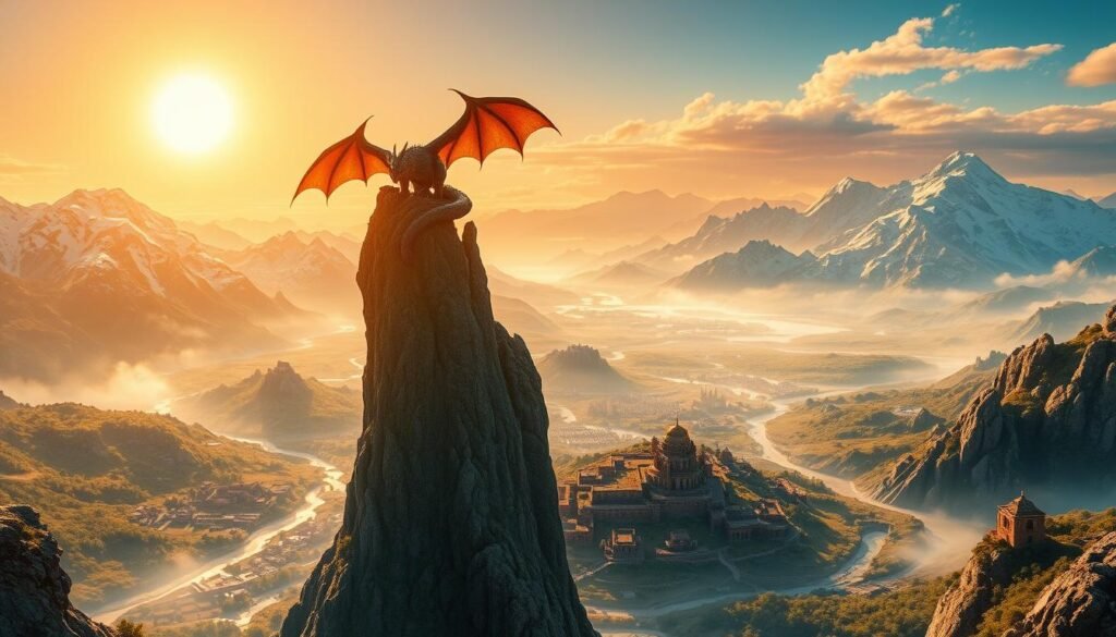 A majestic fantasy landscape, bathed in a warm golden glow from a setting sun. In the foreground, a mighty dragon perches atop a towering, jagged cliff, its scales shimmering with an otherworldly luster. Beneath, a lush valley unfolds, dotted with ancient ruins and winding rivers. In the distance, snow-capped mountains rise, their peaks obscured by swirling mists. The scene exudes a sense of tranquility and wonder, inviting the viewer to imagine the rich stories and mythical creatures that inhabit this captivating realm.