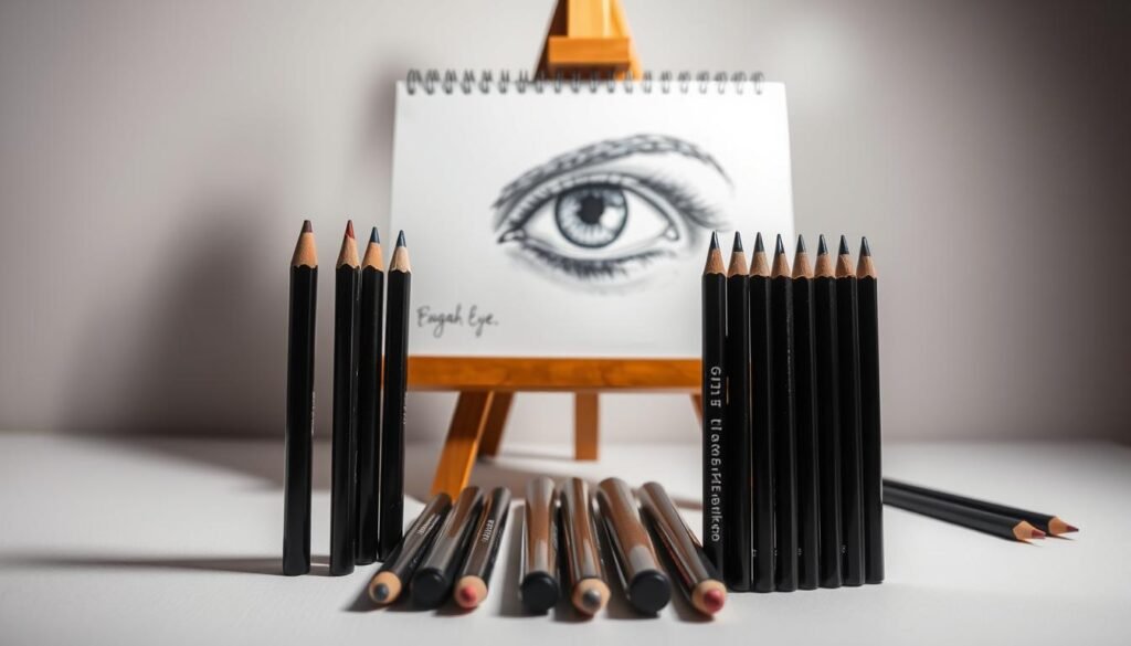 A meticulously arranged still life showcasing the essential tools for drawing mesmerizing eyes. In the foreground, a variety of high-quality drawing pencils, ranging from 2H to 6B, are neatly organized. In the middle ground, a sketchpad with a partially rendered eye study, hinting at the artistic process. Behind it, an elegant wooden easel supports the sketchpad, casting gentle shadows. In the background, a neutral-toned backdrop provides a clean, minimalist setting, allowing the materials to take center stage. Soft, directional lighting illuminates the scene, accentuating the textures and shadows of the drawing implements. The overall mood is one of focused creativity and artistic contemplation.