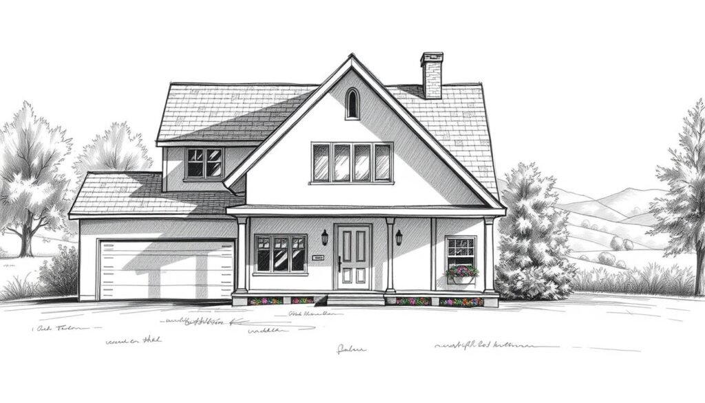 A meticulously detailed house drawing, showcasing various shading techniques. The composition features a well-lit front facade, with soft shadows accentuating the architectural features. In the middle ground, a cutaway section reveals the interior, highlighting the use of cross-hatching and gradient shading to create depth and volume. The background depicts a serene, natural landscape, using light and shadow to add a sense of atmosphere and perspective. The overall scene conveys a sense of depth, realism, and technical mastery, suitable for illustrating a tutorial on house drawing and shading.