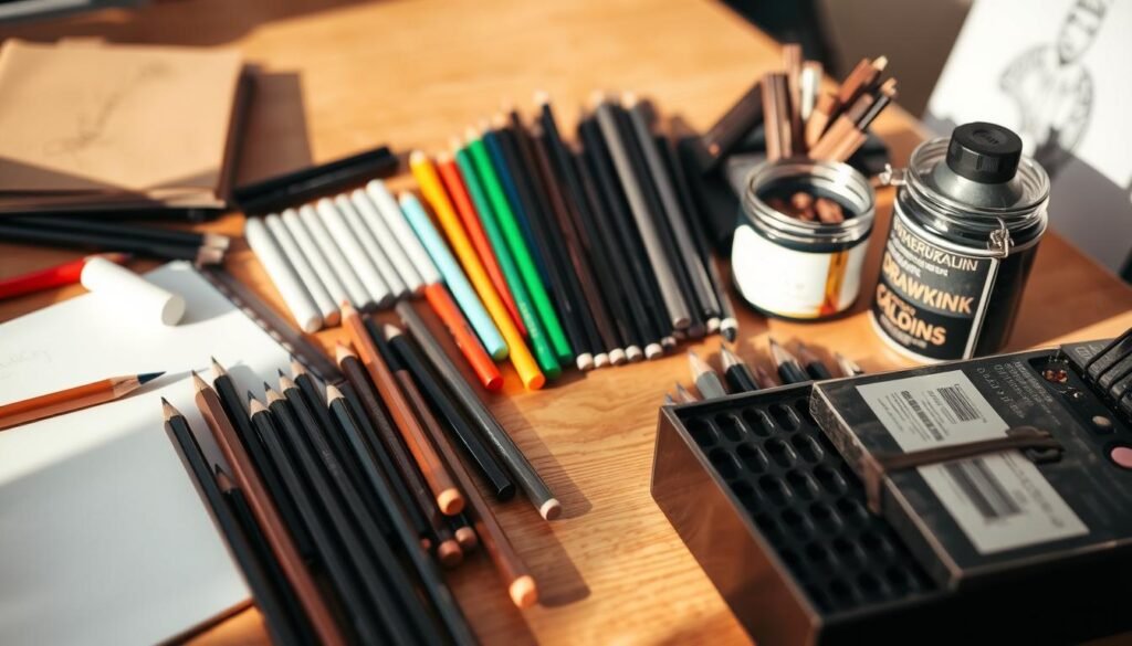A neatly arranged assortment of drawing tools rests on a wooden desk, bathed in warm, natural lighting that casts soft shadows. In the foreground, an array of pencils, erasers, and a sketchpad invites the viewer to pick them up and begin their artistic journey. In the middle ground, a set of high-quality colored pencils and markers stand ready, their vibrant hues promising a world of creative possibilities. In the background, a well-sharpened set of drawing charcoals and a tin of drawing ink lie in anticipation, hinting at the depth and texture that can be achieved. The overall scene exudes a sense of artistic potential, ready to be unlocked by the skilled hand of the beginner artist.
