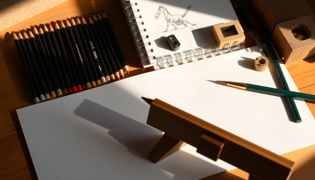 A neatly arranged collection of drawing materials, including a set of high-quality pencils in various grades, a professional-grade sketchpad with smooth, heavyweight paper, a soft-bristle paintbrush for blending, a sharpener to maintain clean, precise lines, and an elegant wooden drawing easel in the foreground. The materials are illuminated by warm, natural lighting, casting gentle shadows and highlighting the textures of the various tools. The overall scene conveys a sense of artistry, craftsmanship, and the anticipation of a creative journey.