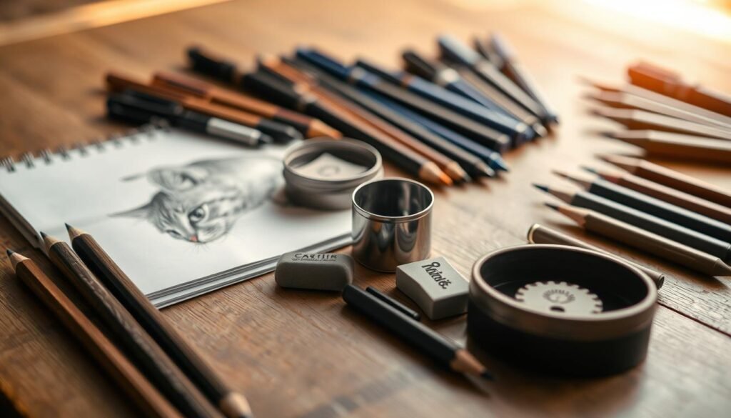 A neatly organized collection of classic drawing tools rests upon a wooden table, bathed in warm, natural lighting. In the foreground, a set of high-quality graphite pencils in varying degrees of hardness stand upright, their tips sharpened to a fine point. Alongside them, a small tin of charcoal sticks and a few artist's erasers of varying shapes and sizes. In the middle ground, a sketchpad with blank, crisp pages sits open, ready to capture the artistic vision. In the background, a selection of drawing pens in diverse ink colors, including black, blue, and sepia, are arranged meticulously. The overall scene exudes a sense of artistic potential and the tools necessary to bring a feline subject to life on the page.