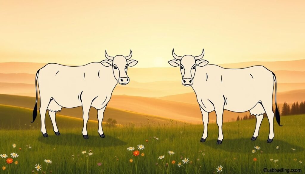 A pastoral scene featuring a set of simple, archetypal cow shapes against a serene landscape. In the foreground, the basic bovine forms take center stage - rounded torsos, tapered legs, and distinctive horned heads rendered in clean, confident lines. The middle ground features a gently rolling meadow dotted with wildflowers, while the background depicts a horizon of soft, hazy hills bathed in warm, golden-hour light. The overall aesthetic evokes a sense of timeless, rustic charm - an ideal foundation for learning to capture the essence of the humble cow.