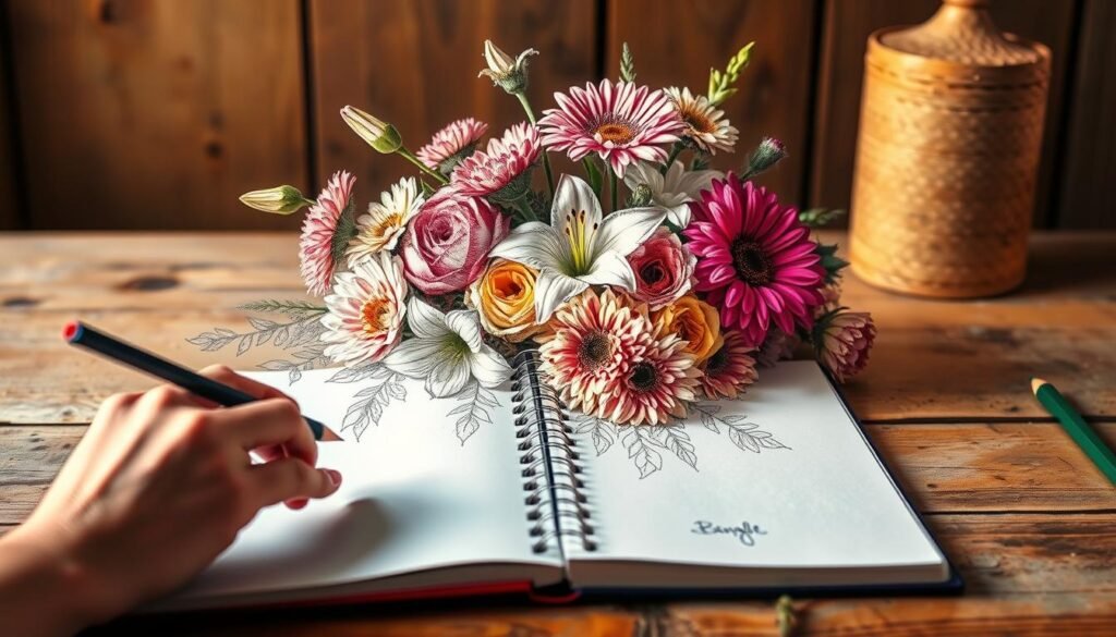 A pencil sketch of a vibrant floral arrangement on a wooden table, with soft, warm lighting illuminating the delicate petals and leaves. The foreground features an open sketchbook, with a hand gently capturing the essence of the flowers through expressive pencil strokes. The middle ground showcases the array of blooms, including roses, lilies, and chrysanthemums, their shapes and colors meticulously rendered. The background is a simple, rustic setting, allowing the focus to remain on the act of sketching and the beauty of the flowers. The overall mood is one of tranquility and artistic exploration, perfectly complementing the "Sketching the Outline" section of the guide.