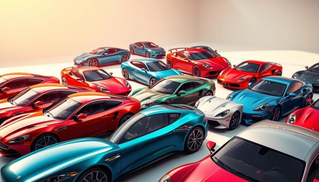 A photorealistic collection of vibrant car color schemes, showcasing a variety of hues and finishes. The foreground features an array of sleek, modern vehicles in a range of eye-catching colors, such as bold reds, deep blues, shimmering greens, and elegant silvers, all bathed in warm, directional lighting that accentuates their metallic surfaces and glossy paint jobs. The middle ground includes additional cars in more muted tones, creating a harmonious palette, while the background subtly fades into a clean, studio-like environment, allowing the colors to take center stage. The scene captures the aesthetic appeal and visual diversity of automobile design, providing inspiration for the "Choosing the Right Colors" section of the "How to Draw a Car: Step-by-Step Guide" article.