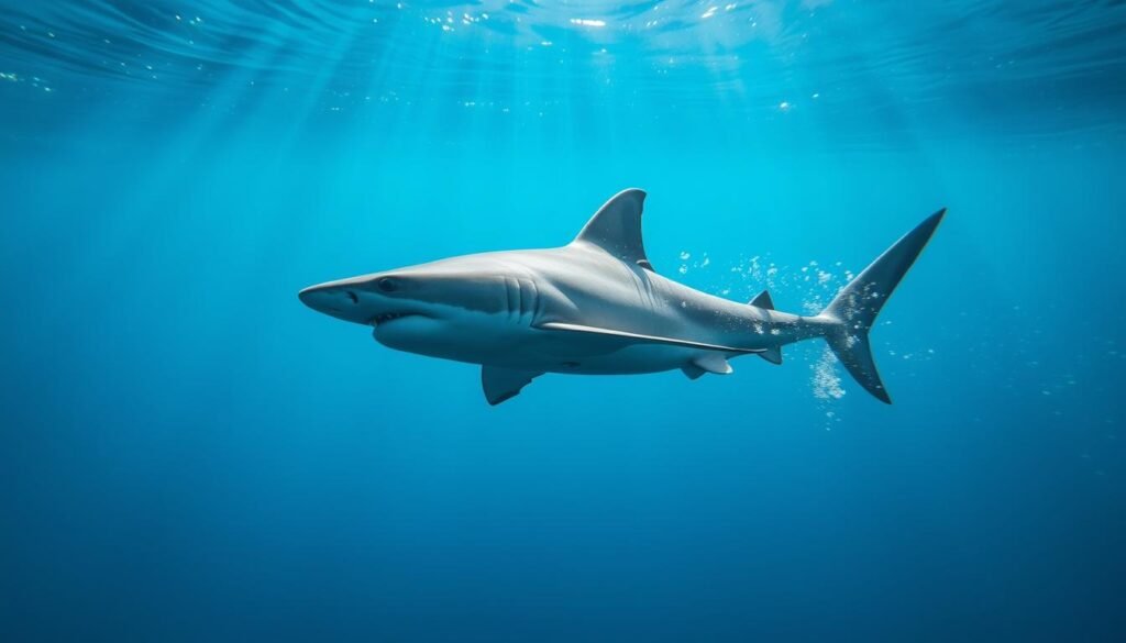 A powerful grey shark slicing through the azure waters, its streamlined body undulating with grace and power. Beams of light pierce the water's surface, casting dynamic shadows and highlights that accentuate the shark's dynamic movements. In the foreground, a high-speed camera captures the shark's every twist and turn, freezing the action in a crisp, high-resolution frame. The background fades into a hazy, dreamlike seascape, allowing the viewer to focus solely on the captivating dance of the apex predator. The scene conveys a sense of raw energy, awe-inspiring speed, and the beauty inherent in the natural world.