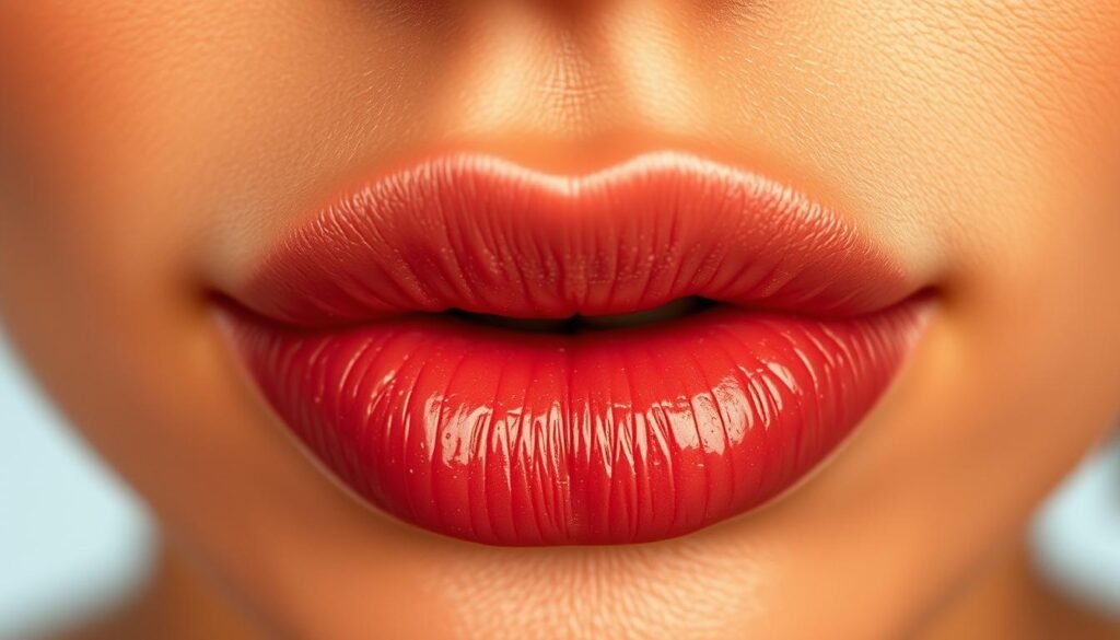 A realistic, highly detailed close-up of delicately drawn lips, with emphasis on the intricate contours, subtle shading, and natural textures. The lips are slightly parted, capturing a moment of expressive fluidity. Soft, warm lighting from the front accentuates the rich, vibrant colors and the glossy, supple quality of the skin. The composition is framed tightly, filling the frame and drawing the viewer's attention to the artistry and precision of the rendering. The background is minimalist and out of focus, allowing the lips to be the sole focus of the image.