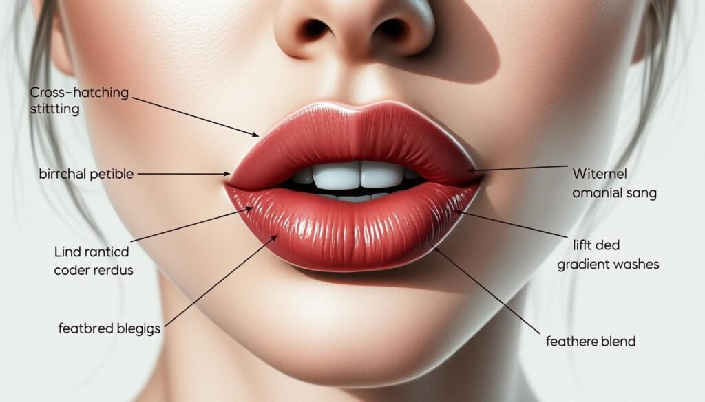 A realistic illustration of various shading techniques for rendering lips. A close-up view of a female face with detailed attention to the lips. The lighting is soft and diffused, creating subtle shadows and highlights that accentuate the lips' contours and volume. The background is muted and out of focus, keeping the emphasis on the lips. The shading techniques showcased include cross-hatching, stippling, gradient washes, and feathered blending, demonstrating how to create depth, dimension, and a sense of realism in lip drawings. The overall mood is one of artistic study and technical mastery.