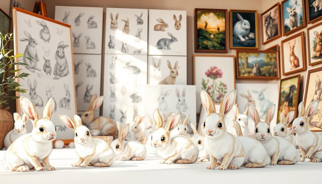 A serene, ethereal composition showcasing a captivating assortment of bunny-themed artworks. In the foreground, delicate watercolor illustrations of whimsical bunnies in gentle poses, their eyes filled with wonder. The middle ground features an eclectic display of sketches, from detailed graphite studies to playful ink drawings, each capturing the essence of the fluffy, endearing creatures. In the background, a gallery wall lined with framed paintings, ranging from vibrant acrylics to soft pastels, all celebrating the beauty and personality of the beloved bunny. Warm, natural lighting bathes the scene, creating a cozy, inspirational atmosphere that invites the viewer to explore and find creative spark.