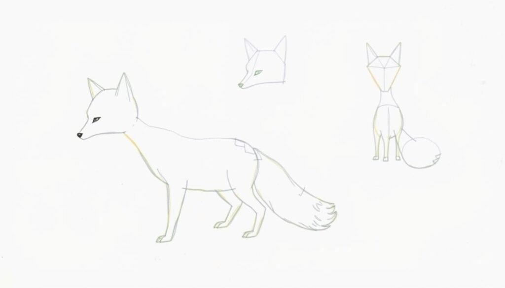 A simple, step-by-step guide on how to draw a fox, depicting the basic shapes and outlines needed to construct the animal's form. In the foreground, a delicate pencil sketch outlines the head, ears, snout, and fluffy tail of a red fox, with light strokes suggesting the overall pose and proportions. The middle ground features additional construction lines, demonstrating how to build up the body shape from simple geometric forms. The background is clean and uncluttered, allowing the focus to remain on the sketching process and essential elements. Soft, neutral lighting creates an atmosphere of quiet contemplation, inviting the viewer to engage with the instructional nature of the image.