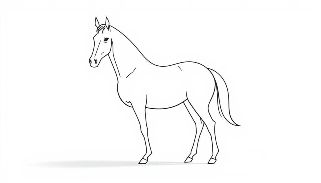 A simple yet elegant horse illustration, with a focus on the essential shapes and forms. Rendered in a clean, minimalist style, the horse is depicted in a neutral, light-filled environment, allowing the core structure to be the central focus. The composition emphasizes the basic geometric shapes - the rounded body, the angular legs, the triangular head - to convey the essence of the equine form in a straightforward, accessible manner. Subtle shadows and highlights accentuate the three-dimensional aspects, while a soft, diffused lighting creates a serene, calming atmosphere. This image aims to guide the viewer through the process of breaking down a complex subject into its fundamental components, making the act of drawing horses more approachable for beginners.