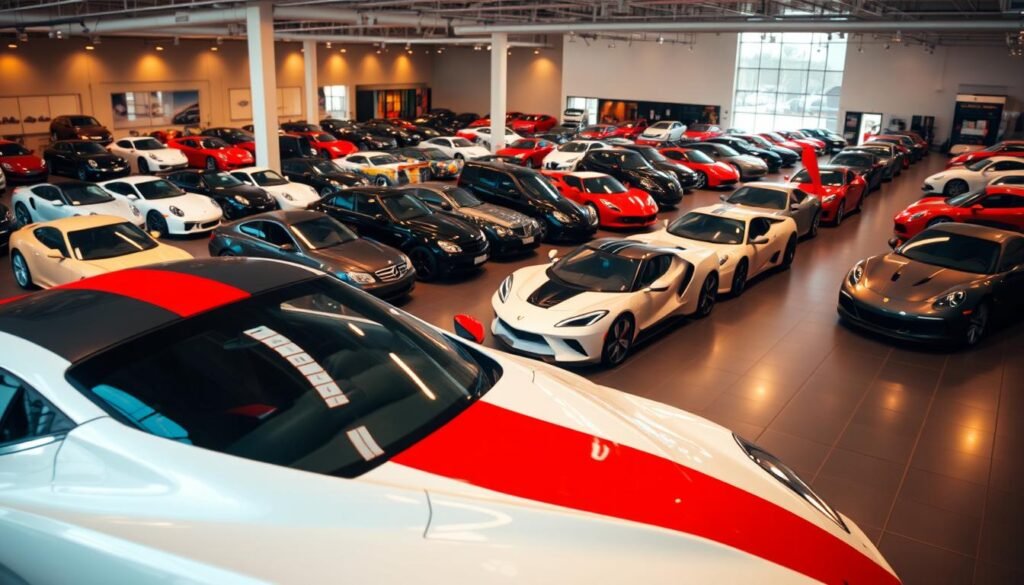 A sprawling automotive showroom, illuminated by warm lighting and filled with a diverse array of sleek, contemporary car styles. In the foreground, a gleaming sports car, its aerodynamic body and striking color scheme commanding attention. In the middle ground, a range of sedans, SUVs, and hatchbacks in varying sizes and silhouettes, each showcasing unique design elements. In the background, a row of vintage and classic cars, their timeless elegance a testament to the evolution of automotive design. The scene is captured through a wide-angle lens, capturing the depth and breadth of the different car styles on display, inviting the viewer to explore the rich tapestry of automotive design.