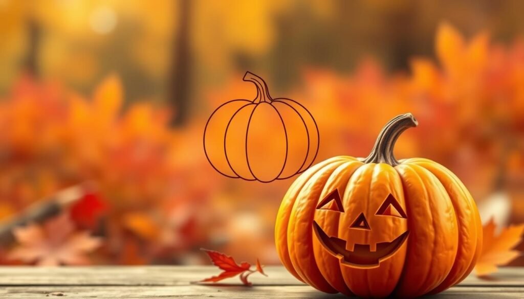 A step-by-step guide to drawing a pumpkin, with a warm, autumnal vibe. In the foreground, a detailed pumpkin with vibrant orange skin, gently contoured ridges, and a playful, carved expression. In the middle ground, a simple sketch outline of the pumpkin's shape, inviting the viewer to follow along. The background features a soft, blurred landscape of autumn foliage in shades of red, yellow, and brown, creating a cozy, seasonal atmosphere. Warm, diffused lighting casts subtle shadows, emphasizing the pumpkin's volumetric form. Rendered in a realistic, traditional drawing style, with a focus on demonstrating the basic techniques of pumpkin illustration.