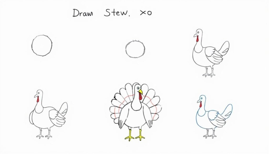 A step-by-step guide to drawing a turkey, depicted in a clean, instructional style. The foreground shows the turkey in various stages of construction, with simple line drawings highlighting the key steps - from basic shapes to more detailed features like the body, wings, tail, and head. The middle ground provides a neutral white background, allowing the tutorial elements to take center stage. The lighting is soft and even, creating a clear, focused atmosphere to aid understanding. The overall mood is educational and approachable, inviting the viewer to follow along and recreate the turkey drawing themselves.