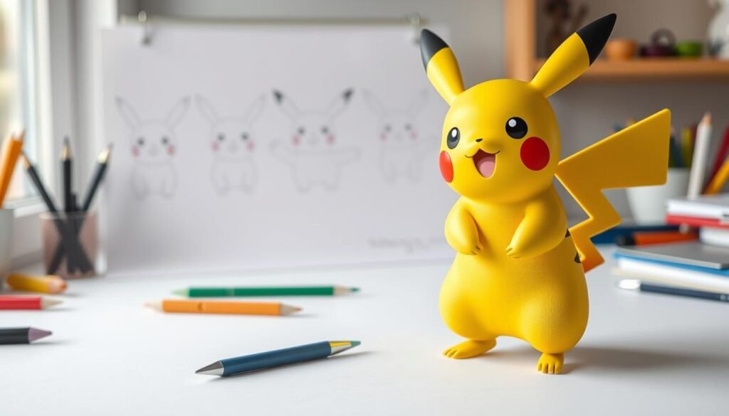 A step-by-step illustration guide for drawing Pikachu, the iconic electric mouse Pokemon. In the foreground, a detailed, anatomically accurate Pikachu figure in a playful, expressive pose, rendered in a vibrant, colorful style. The middle ground shows a progression of simple sketches demonstrating the construction and proportions of Pikachu's distinct features - its rounded body, large ears, rosy cheeks, and lightning bolt-shaped tail. The background depicts a clean, minimalist workspace with drawing tools and supplies, creating an educational, instructional atmosphere. Soft, natural lighting and a shallow depth of field emphasize the focal subject. The overall scene inspires confidence in beginner artists, guiding them through the process of mastering this beloved Pokemon character.