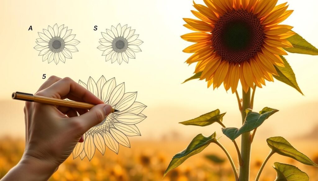 A step-by-step sunflower drawing guide set against a soft, golden hour backdrop. In the foreground, a hand delicately sketches the flower's intricate petals and central disc, with careful attention to the organic shapes and textures. The middle ground features a sunflower plant in full bloom, its tall stem and lush leaves creating a sense of depth. In the background, a hazy, warm-toned landscape evokes a peaceful, countryside atmosphere. The lighting is natural and diffused, casting gentle shadows that accentuate the drawing's dimensionality. The overall scene conveys a sense of tranquility and a thoughtful, instructive approach to capturing the beauty of the sunflower.