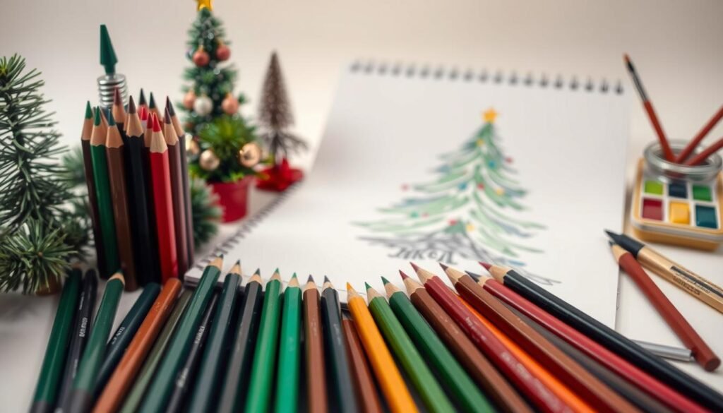 A still life arrangement showcasing the essential drawing supplies for creating a beautiful Christmas tree. In the foreground, an array of colored pencils, markers, and graphite pencils in various shades of green, brown, and red. In the middle ground, a sketchpad and a ruler or straight edge. In the background, a small set of watercolor paints and a selection of fine-tipped brushes. The lighting is soft and diffused, creating a warm, cozy atmosphere reminiscent of the holiday season. The composition is balanced and visually appealing, highlighting the tools needed to bring a festive Christmas tree to life on the page.