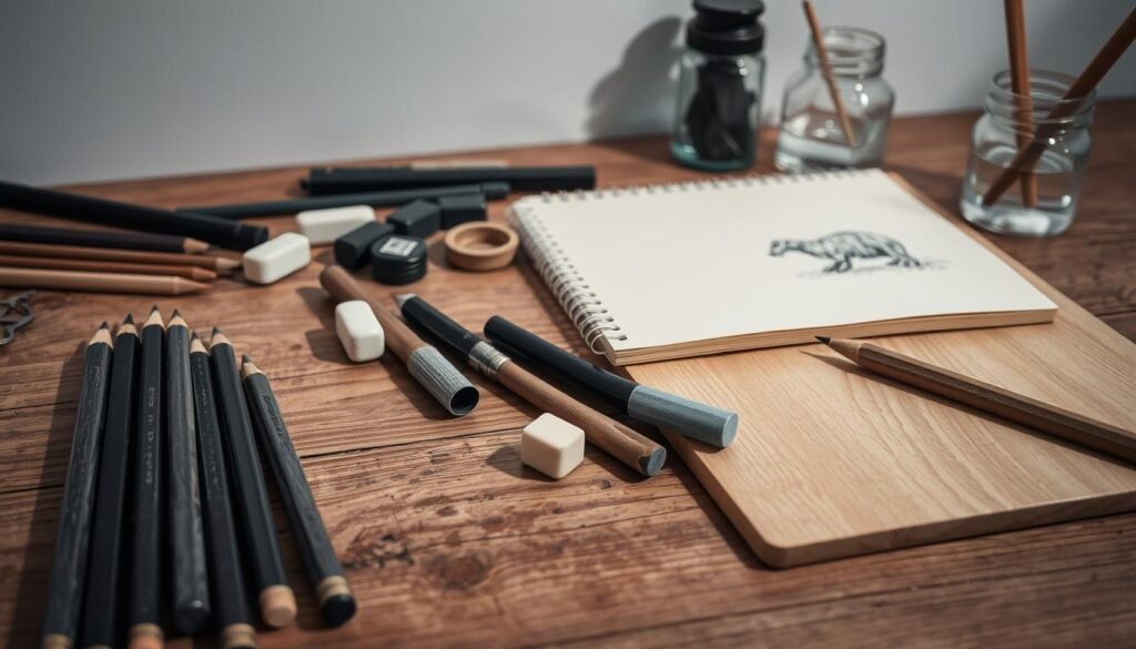 A still life composition of various drawing tools and materials neatly arranged on a wooden table. In the foreground, a set of high-quality graphite pencils, an artist's sketchbook, and a wooden drawing board. In the middle ground, a variety of erasers, a sharpener, and a selection of charcoal sticks. In the background, a vintage glass inkwell, a bottle of drawing ink, and a small jar of water for blending. The lighting is soft and diffused, casting subtle shadows that add depth and dimension to the scene. The overall mood is one of artistic focus and creative potential, inviting the viewer to imagine the drawings that could be created with these essential tools.