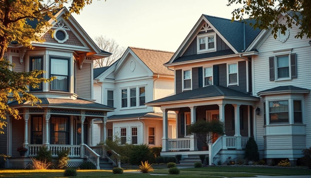 A stunning, high-resolution image of a neighborhood showcasing different architectural styles of houses. The foreground features a classic Victorian-style house with ornate details, a bay window, and a wraparound porch. Next to it, a modern, minimalist two-story home with clean lines and large windows. In the middle ground, a cozy craftsman-style bungalow with a prominent gabled roof and a covered front porch. In the background, a row of quaint, colonial-inspired homes with symmetrical facades and dormer windows. The scene is bathed in warm, soft lighting, creating a welcoming and inviting atmosphere. The perspective is slightly elevated, allowing the viewer to take in the entire neighborhood and appreciate the diverse array of house styles.