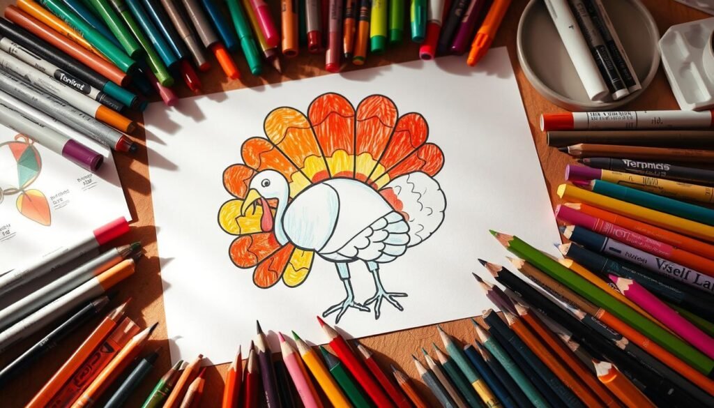 A table with a colorful assortment of art supplies - markers, colored pencils, crayons, and paints - arranged around a partially colored turkey illustration. The turkey's feathers are a blend of warm autumn tones, with sections left uncolored to showcase the linework. Soft, directional lighting casts gentle shadows, creating depth and texture. The overall mood is one of creativity, exploration, and the joyful process of bringing a turkey drawing to life through vibrant coloring.