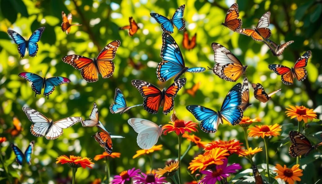A vibrant and diverse array of butterfly species, captured in a natural outdoor setting. Delicate wings in a kaleidoscope of colors - iridescent blues, fiery oranges, stark whites, and intricate patterns - gracefully flutter against a backdrop of lush, verdant foliage. Dappled sunlight filters through the leaves, casting a warm, golden glow over the scene. The butterflies are posed in various stages of flight, some alighting on vibrant flowers, others dancing through the air. The composition is balanced and visually captivating, showcasing the beauty and unique characteristics of these winged wonders.