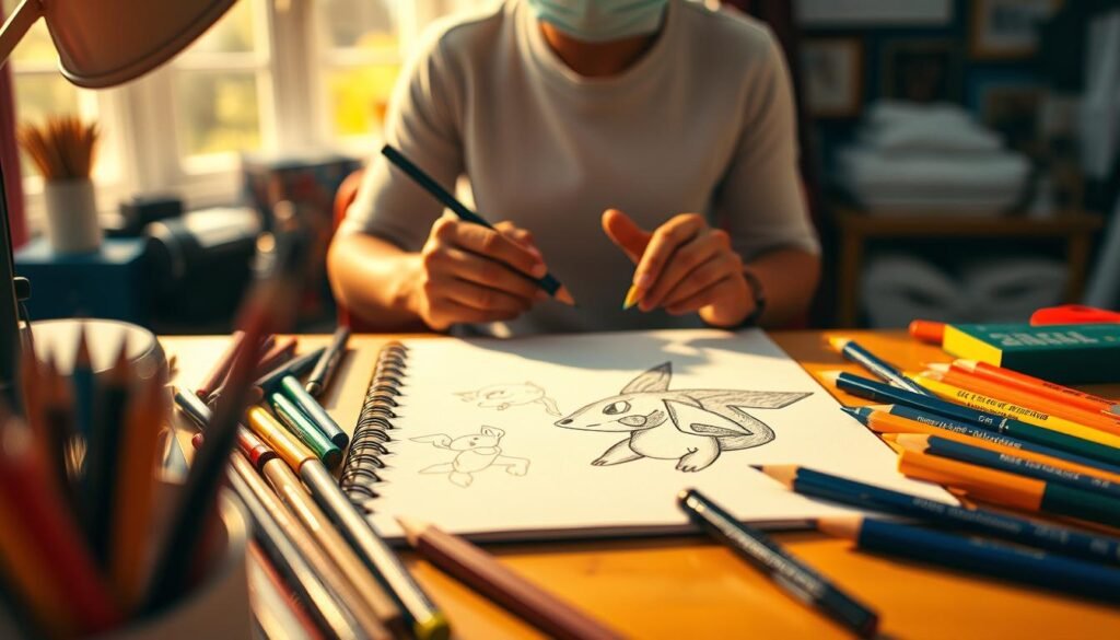 A vibrant and dynamic scene of an artist's studio, with a work desk showcasing a partially completed Pokemon sketch. The foreground features an assortment of drawing tools, including pencils, markers, and a sketchpad, all bathed in warm, natural lighting. In the middle ground, the artist's hands are visible, skillfully rendering the iconic features of a beloved Pokemon character. The background subtly blurs, highlighting the focus on the creative process. The overall atmosphere conveys a sense of inspiration, dedication, and the joy of sharing one's artistic vision with the world.