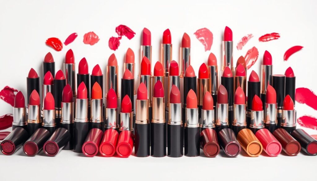 A vibrant array of lip colors, artfully arranged in a visually striking composition. The lipsticks are presented in a crisp, clean studio setting, lit by soft, directional lighting that accentuates their sheen and texture. The colors range from deep, rich reds to subtle, muted nudes, with a variety of pinks, plums, and corals in between, showcasing the full spectrum of hues that can be used to create captivating lip looks. The arrangement is symmetrical and balanced, allowing each individual color to shine while also creating a harmonious whole. The background is a simple, uncluttered white to allow the lipsticks to be the focal point, drawing the viewer's attention to the diverse palette of options available for creating stunning lip makeup.